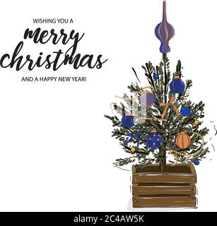 Albero di Natale in cassa di legno, decorato con baubles, stelle, ghirlanda e citazione di saluto tipografia. Felice anno nuovo vettore mano-disegnato inverno hol Illustrazione Vettoriale