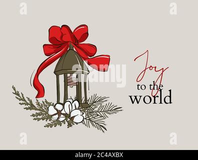 Biglietto d'auguri natalizio con auguri Calligraphic Season - gioia per il mondo e composizione di elementi di festa come la decorazione dell'albero di Natale Illustrazione Vettoriale