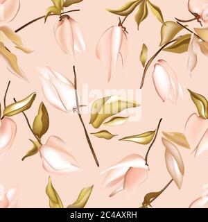 Motivo floreale vettoriale di pesca pastello senza cuciture con elementi fogliame della giungla. Tenero rosa tenue colori semplici fiori sfondo. Fiori estate botanica nat Illustrazione Vettoriale