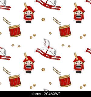 Illustrazione di racconto di Nutcracker con cavallo dondolante, soldato, dum con bastoni e decorazione di campane di stella e jingle. Modello fiabesco disegnato a mano, vivaio Illustrazione Vettoriale