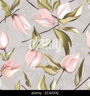 Arte botanica della giungla tenera, fiori e foglie di fisico, motivi esotici di sfondo, illustrazione realistica. Texture estiva, vettore astratto. Hawaiano Illustrazione Vettoriale