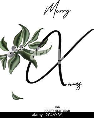 Buon natale e Felice anno nuovo, biglietto d'auguri minimalista con ramo sempreverde e bacche. Cartolina d'epoca. Illustrazione Vettoriale