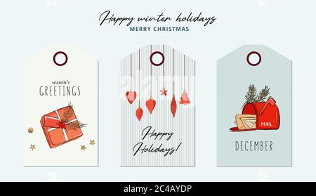 Cartolina tipografica di Natale con le palle di deoration, la posta di vigilia di Capodanno, i regali e i saluti di citazioni di testo. Moderno schizzo di doodle, Natale arte invernale Illustrazione Vettoriale