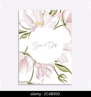 Illustrazione vettoriale morbida magnolia con motivo floreale. Disegno di modello di scheda di invito di nozze, fiori di pony rosa e giglio di calla isolato su bianco. Risparmia il Illustrazione Vettoriale