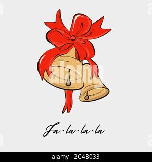 Campane di jingle con nastro rosso, arco e testo fa la, Natale minimo biglietto di auguri design. Inverno vacanze arredamento, gioia stagionale dicembre art. Illustrazione Vettoriale