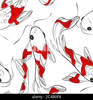 Koi pesce modello orientale. Contrasto dei pesci estivi con motivo bianco. Pesce d'oro giapponese disegno floreale natura. Sfondo carpa. Illustrazione Vettoriale