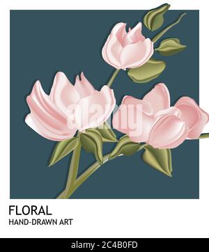 Disegno botanico del modello della scheda disegnato a mano, fiori rosa e foglie su sfondo blu marino, stile minimalista vintage. Illustrazione morbida. Illustrazione Vettoriale