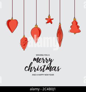Set di palle di natale disegnate a mano, stella, baubles. Felice anno nuovo decorazione elementi isolati. Con citazioni. Xmas Doodles e schizzi vettoriali mano-disegno Illustrazione Vettoriale