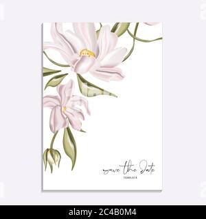 Illustrazione vettoriale morbida magnolia con motivo floreale. Disegno di modello di scheda di invito di nozze, fiori di pony rosa e giglio di calla isolato su bianco. Risparmia il Illustrazione Vettoriale