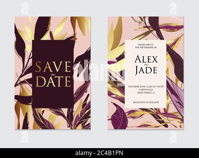 Oro, oro rosa, viola scuro e palma nera modello di carte da matrimonio tropicale, design di copertine artistiche. Elementi in lamina d'oro. Motivo alla moda, post grafico Illustrazione Vettoriale