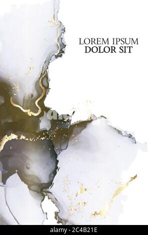Colori pastello tenui colore scuro flusso liquido con elementi in lamina d'oro. Modello vettoriale, volantino, decorazione in marmo isolata su sfondo bianco, stile vintage Illustrazione Vettoriale