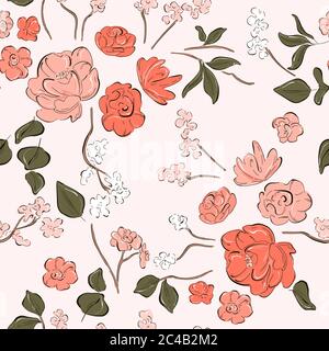 Fiori corallini viventi stampati. Disegno botanico senza giunture con piante disegnate a mano. Collezione tessile primavera estate. Stampa vintage. Illustrazione Vettoriale