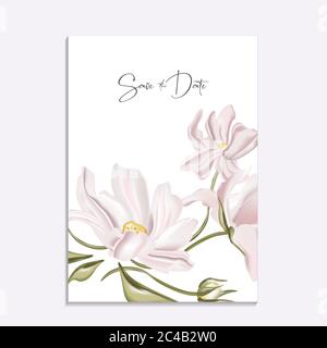 Illustrazione vettoriale morbida magnolia con motivo floreale. Disegno di modello di scheda di invito di nozze, fiori di pony rosa e giglio di calla isolato su bianco. Risparmia il Illustrazione Vettoriale