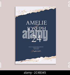 Carte di invito per matrimoni in carta marina con sfondo in marmo blu scuro e oro di lusso e modello vettoriale di design Abstract Style. Illustrazione Vettoriale