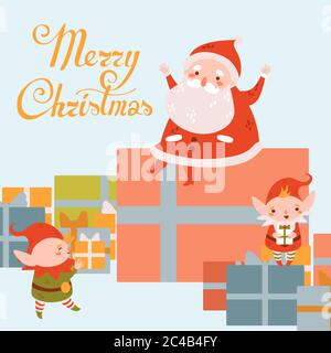 Flat Cartoon carino vettore Natale babbo natale ed elfo con regali, regali. Illustrazione Vettoriale