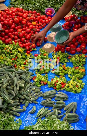 Donna che vende verdure al mercato di kpalime, togo Foto Stock