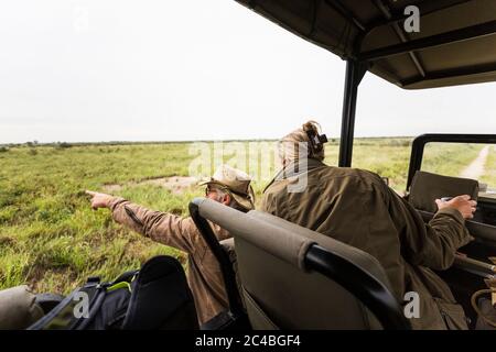Donna adulta e guida safari che si inclinano verso l'esterno guardando attraverso una pianura agli animali in lontananza. Foto Stock