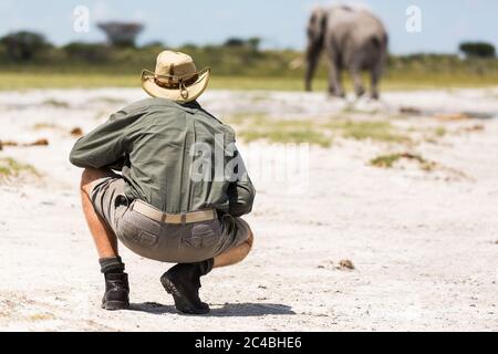 Una guida accovacciata vicino ad un elefante in Nxai Pan, Botswana Foto Stock