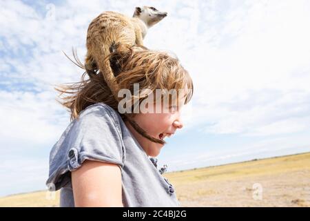 Ragazzo di 5 anni con Meerkat in testa, deserto di Kalahari, Saline di Makgadikgadi, Botswana Foto Stock