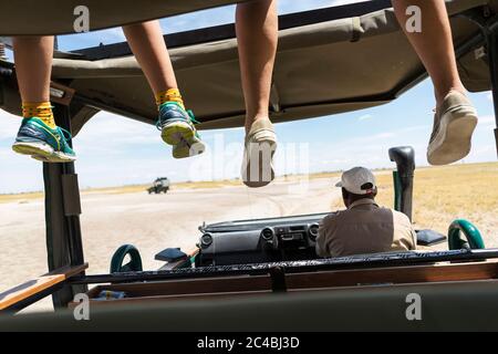 Un veicolo safari, una persona sul sedile di guida e due gruppi di gambe di passeggeri in pericolo sulla piattaforma di osservazione. Foto Stock