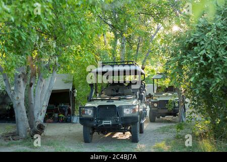 Veicoli safari sotto gli alberi in un campo riserva naturale. Foto Stock