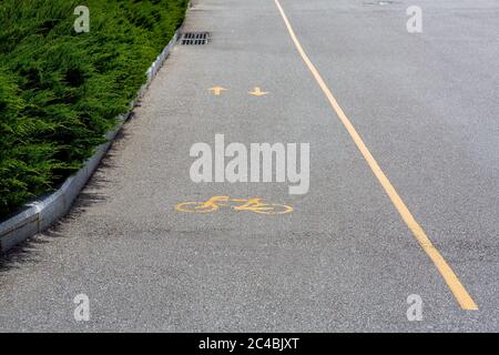 pista ciclabile asfaltata con simbolo di bicicletta e segni gialli, closeup. Foto Stock