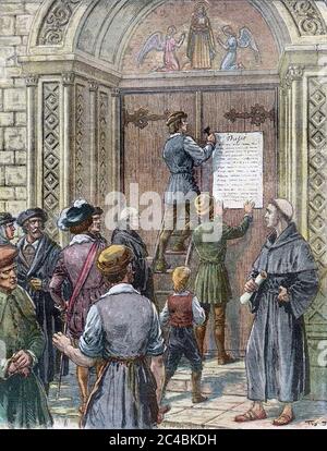 LE TESI DI MARTIN LUTERO sono inchiodate alla porta della Chiesa di tutti i Santi a Wittenberg il 31 ottobre 1517 in un'illustrazione del XIX secolo. Foto Stock