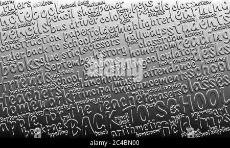 Nuvola di parole argentata metallizzata, nube di tag, con tipografia 3D a bassorilievo sul tema "Back to School" Foto Stock