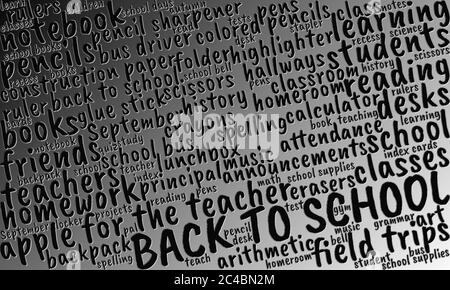 Nuvola di testo in nero e argento, nuvola di parole con tipografia sul tema "Back to School" Foto Stock