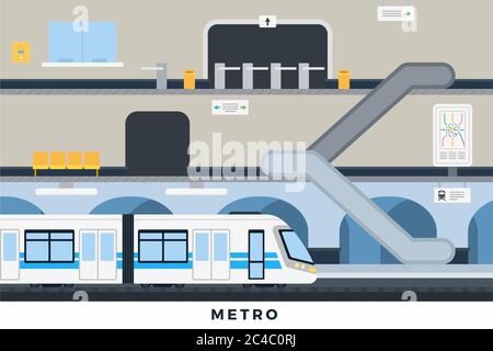 Illustrazione vettoriale Metro in design piatto. Piattaforma della stazione della metropolitana e treno sotterraneo. Illustrazione Vettoriale