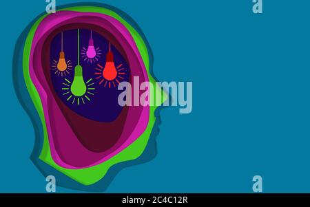 Carta colorata profilo umano con la luce della lampadina, rendering 3D Foto Stock