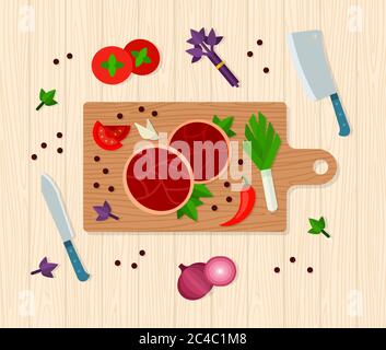 Il processo di cottura della carne sul taglio di legno, con verdure, vista dall'alto illustrazione vettoriale Illustrazione Vettoriale