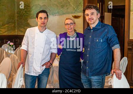 Andy Vorbusch, Angela Berg e Rene Frank Rheingau Gourmet Festival a Hattenheim, Eltville am Rhein, Germania Foto Stock