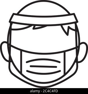 maschera medica indossata dall'uomo e schermo stile linea accessori icona disegno vettoriale illustrazione Illustrazione Vettoriale