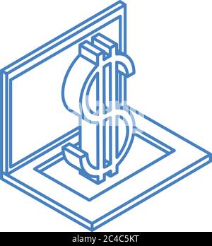 isometrica valuta di contanti computer portatile dollaro isolato su sfondo bianco vettore illustrazione lineare blu icona Illustrazione Vettoriale