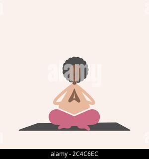 Una donna nera carina pratica yoga. Nella posizione del loto sul tappeto. Illustrazione Vettoriale
