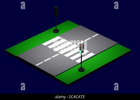 illustrazione 3d di un piccolo tratto urbano di strada con una strada a motore e segnaletica, semaforo. Segnaletica stradale di attraversamento pedonale, linea tratteggiata. Modello Foto Stock