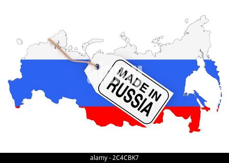 Mappa di Russia con bandiera e made in Russia Vendita Tag su sfondo bianco. Rendering 3d Foto Stock