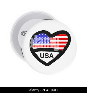 Love USA concetto. Badge con pin bianco con cuore, bandiera USA e segno su sfondo bianco. Rendering 3d Foto Stock
