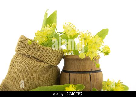 Piccolo vaso di legno e piccolo sacchetto hessiano di fiori e foglie di tiglio giallo appena raccolti, anche chiamato tilia e calce, per fare un tisane di guarigione o. Foto Stock