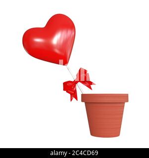 Cuore rosso con nastro rosso in vaso fiori su sfondo bianco. Rendering 3d Foto Stock