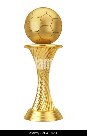 Concetto di premio calcio. Golden Award Trophy Calcio pallone da calcio su sfondo bianco. Rendering 3d Foto Stock