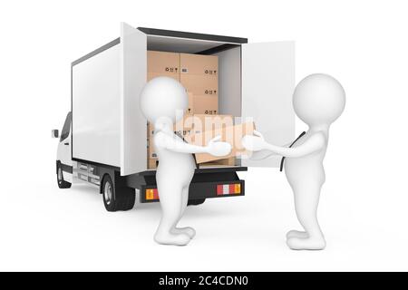 Consegna uomini persone che scaricano scatole di cartone da camion di furgone di Cargo su sfondo bianco. Rendering 3d Foto Stock