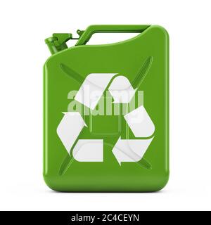 Concetto di carburante Eco. Green Metal Jerrycan con Recycle Sign su sfondo bianco. Rendering 3d Foto Stock