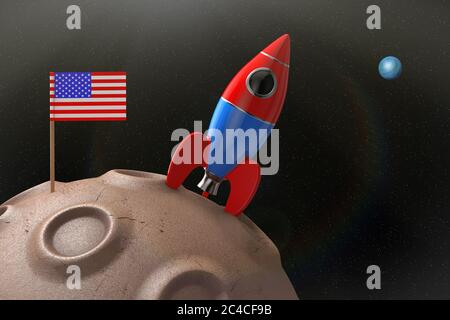USA Flag con Rocket Over Abstract Planet in Space Extreme closeup. Rendering 3d Foto Stock