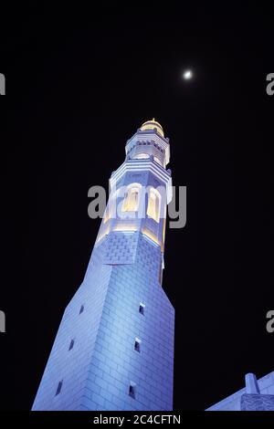 Mascate / Oman - 15 febbraio 2020: Bella moschea illuminata con luci blu di notte Foto Stock