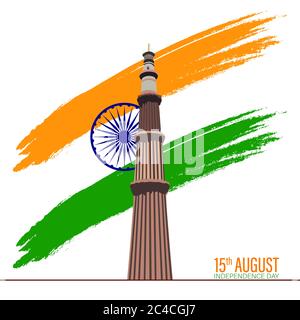 Illustrazione di famoso monumento indiano zafferano e sfondo di pennello verde per felice Indipendenza giorno celebrazione 15 agosto vettore concetto Illustrazione Vettoriale