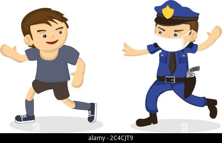 Poliziotto insegue un uomo che non indossa una maschera. Il concetto di uomo ribelle malizioso durante il covid-19. Illustrazione vettoriale a caratteri cartoni animati piatti isolata Illustrazione Vettoriale