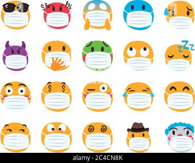 gruppo di emoji che indossano mascherine mediche caratteri disegno vettoriale illustrazione Illustrazione Vettoriale