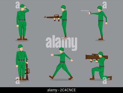 Set di sei figure vettoriali di un militare o di un soldato in uniforme verde in diverse pose isolate su sfondo grigio Illustrazione Vettoriale
